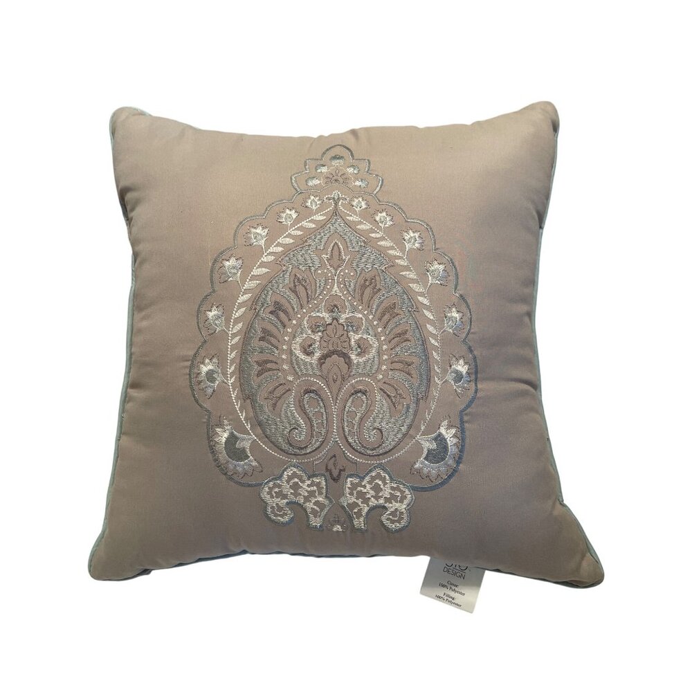 Designer Throw Pillow Embroidered India Square Exotic Beige Taupe Cushion 18x18